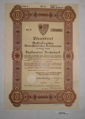 500 RM Pfandbrief Mecklenburgisch Ritterschaftl. Kreditverein Rostock (127710)