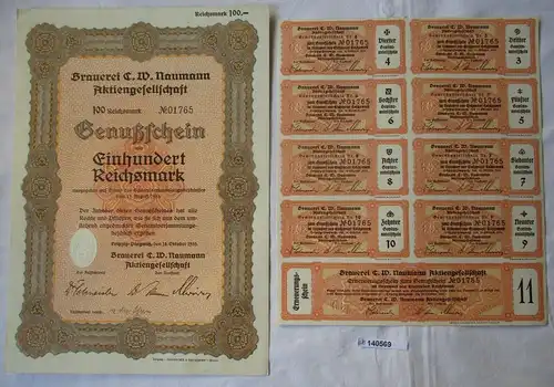 100 RM Genußschein Brauerei C.W. Naumann AG Leipzig-Plagwitz 18.10.1933 (140569)