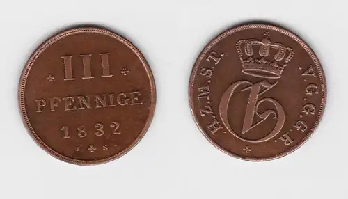 3 Pfennig Kupfer Münze Mecklenburg Strelitz 1832 FN  f.vz (150878)