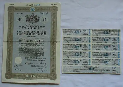 1000 Mark Pfandbrief Landwirtschaftl. Kreditvereins Sachsen Dresden 1940 (15079)