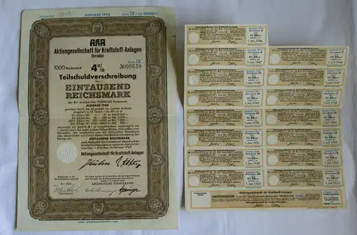 1000 Mark Aktie AKA AG für Kraftstoff Anlagen Dresden Februar 1943 (150099)