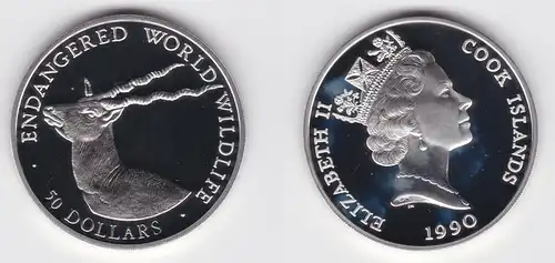 50 Dollar Silbermünze Cook Inseln 1990 bed.Tierwelt Hirschziegenantilope(153481)