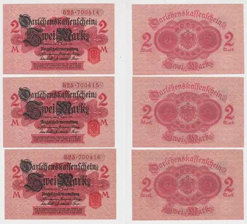 3 x 2 Mark Darlehnskassenschein 12.8.1914 mit fortlaufender Nummer UNC (144749)