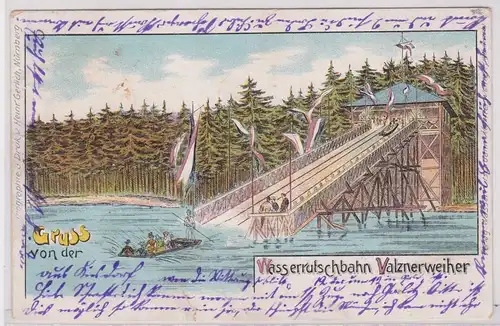 900373 Künstler AK Gruss von der Wasserrutschbahn Valznerweiher, Bahnpost 1906
