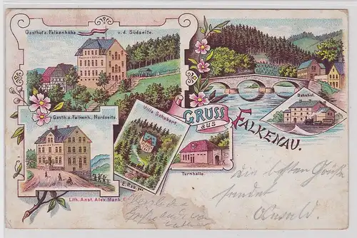 99781 Ak Lithographie Gruß aus Falkenau Gasthof, Bahnhof usw. 1898