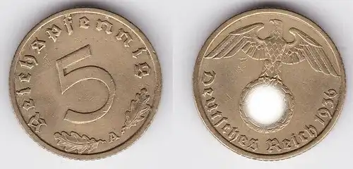5 Pfennig Messing Münze 3.Reich 1936 A Jäger 363 (125819)