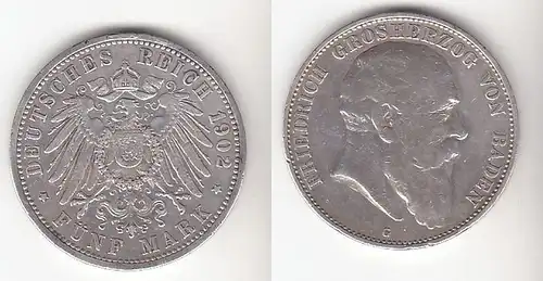 5 Mark Silbermünze Baden Großherzog Friedrich 1902 Jäger 33  (111332)