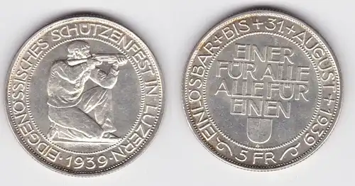 5 Franken Silber Münze Schweiz Schützenfest Luzern 1939 B f.Stgl. (140284)