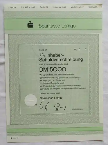 5.000 DM Aktie Schuldverschreibung Sparkasse Lemgo Januar 1993 (125959)