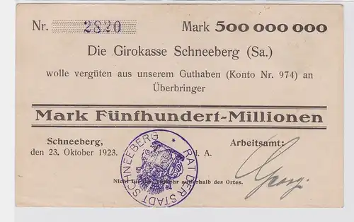 500 Millionen Mark Banknote Girokasse Schneeberg Arbeitsamt 23.10.1923 (122586)