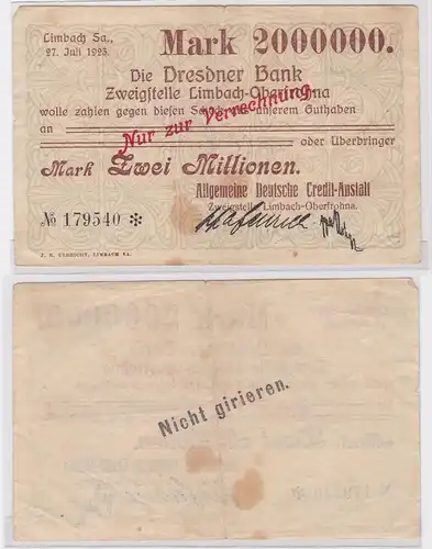 2 Millionen Mark Banknote Dresdner Bank Limbach 27.7.1923 (121528)