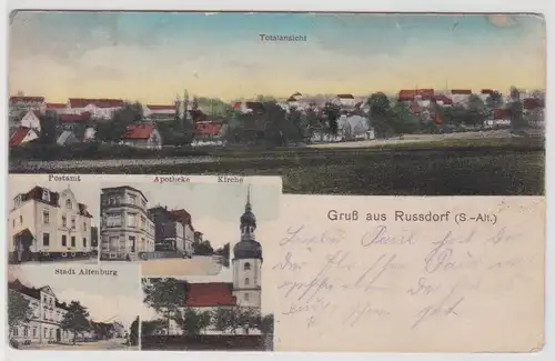 99975 AK Gruß aus Russdorf - Postamt, Apotheke, Kirche, Stadt Altenburg 1915