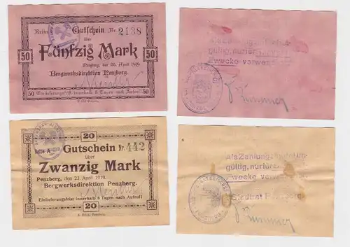 20 und 50 Mark Banknoten Notgeld Bergwerksdirektion Penzberg 25.04.1919 (104447)