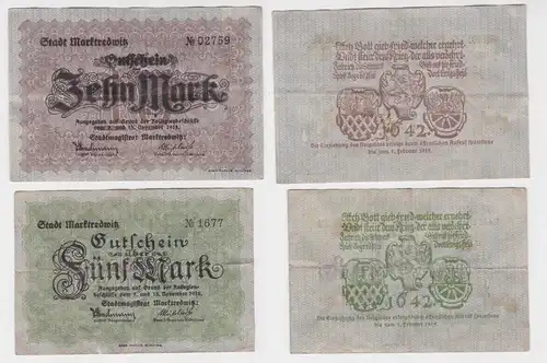 5 und 10 Mark Mark Banknoten Kriegsnotgeld Stadt Marktredwitz 1918 (105752)