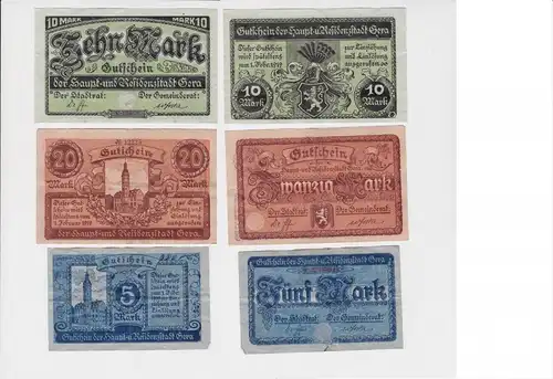 5, 10 und 20 Mark Banknoten Haupt- & Residenzstadt Gera um 1919 (102157)