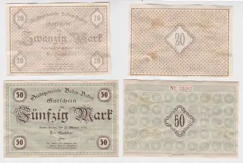 20 und 50 Mark Banknoten Notgeld Stadt Baden Baden 22.10.1918 (109872)