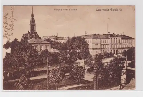 904820 Ak Chemnitz-Gablenz - Kirche und Schule, Parkanlagen 1925