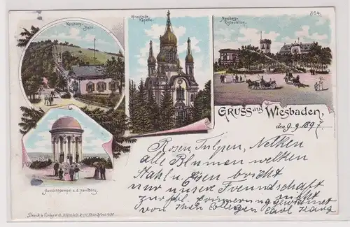 78701 Lithographie Ak Gruss aus Wiesbaden, Nerobergbahn, Griechische Kapelle usw