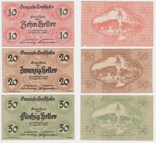 3 Banknoten 10 bis 50 Heller Notgeld Gemeinde Ernsthofen (145132)