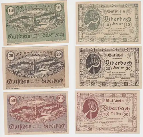 3 Banknoten 10 bis 50 Heller Notgeld Gemeinde Biberbach 1920 (154126)