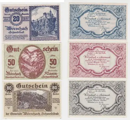 20, 50 und 80 Heller Banknoten Notgeld Wörschach in Steiermark 1920 (154663)