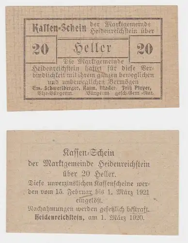 20 Heller Banknote Notgeld Marktgemeinde Heidenreichstein 1920 (154502)