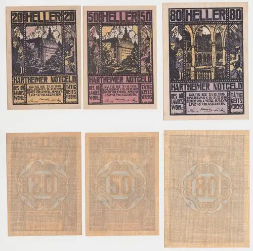 20,50 und 80 Heller Banknoten Notgeld Gemeinde Hartheim 1920 (154746)