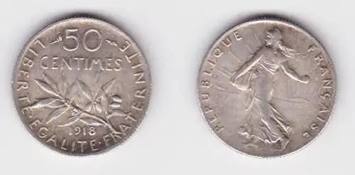 50 Centimes Silber Münze Frankreich 1918 ss+ (131383)