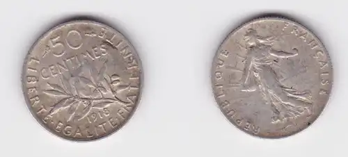 50 Centimes Silber Münze Frankreich 1918 ss+ (135433)