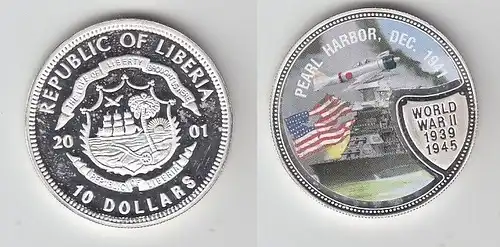 10 Dollar Farb Silbermünze Liberia 2001 Japans Angriff auf Pearl Harbour(116430)