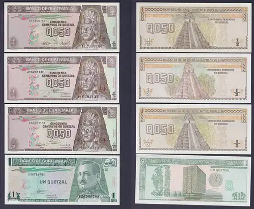 3 x 1/2 & 1Quetzal Banknote Guatemala 1989 bis 1994 bankfrisch UNC (122571)