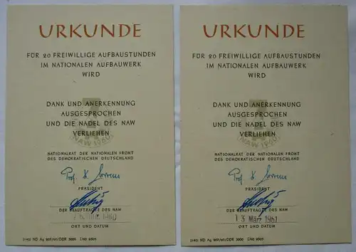 2x DDR Urkunde für 20 freiwillige Aufbaustunden NAW Nat. Aufbauwerk (101298)