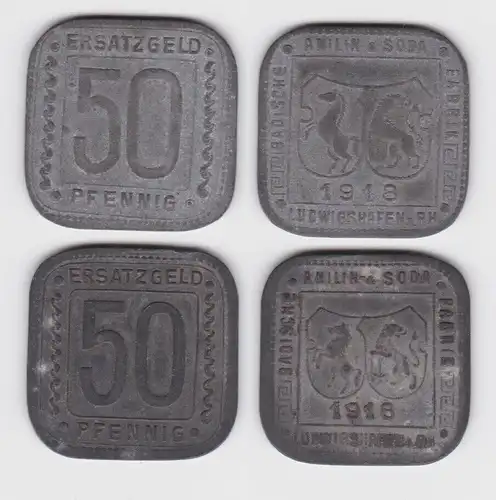 2 x 50 Pfennig Zink Notgeld Münzen Badische Anilin Fabrik Ludwigshafen  (140729)