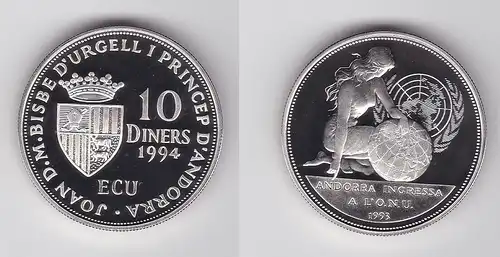 10 Diners Silber Münze Andorra 1994 UN Mitgliedschaft 1993 (132001)