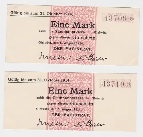 2 x 1 Mark Banknoten Notgeld Stadthauptkasse Gleiwitz 1914 (132795)