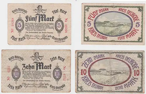 5 & 10 Mark Banknoten Notgeld Kreis Neurode Grafschaft Glatz 1918 (133165)