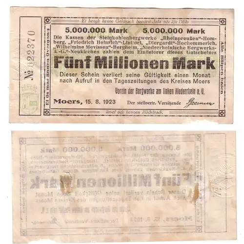 5 Millionen Mark Banknote Infla Moers Verein der Bergwerke 15.8.1923 (113228)