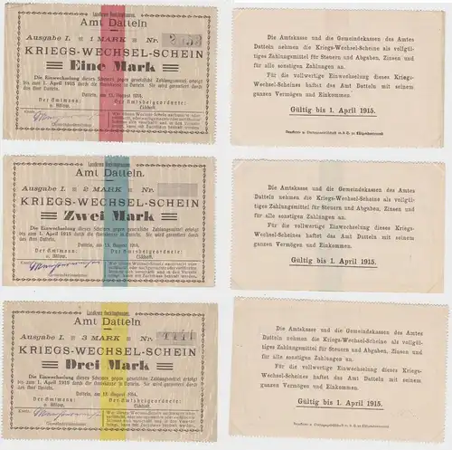 3 Banknoten Notgeld Stadt Datteln Kriegs-Wechselschein 13. August 1914 (133154)