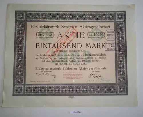 1000 Mark Aktie Elektrizitätswerk Schlesien AG Breslau 1. April 1920 (131308)