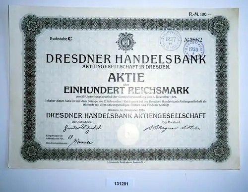 100 Reichsmark Aktie Dresdner Handelsbank AG in Dresden November 1924 (131281)