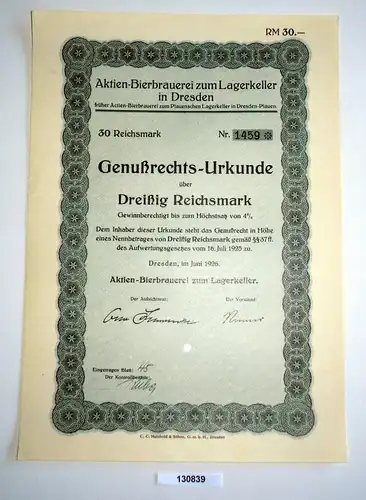 30 RM Genußrechts-Urkunde Aktien-Bierbrauerei zum Lagerkeller Dresden (130839)