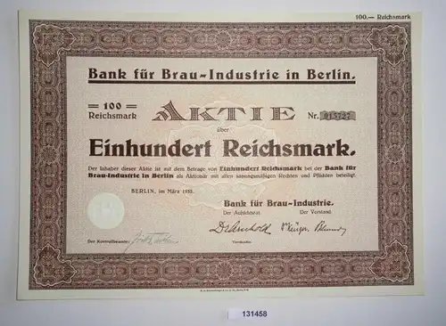 100 Reichsmark Aktie Bank für Brau-Industrie Berlin März 1933 (131458)