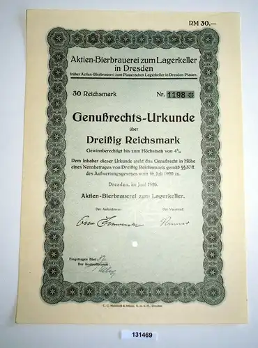 30 RM Genußrechts-Urkunde Aktien-Bierbrauerei zum Lagerkeller Dresden (131469)