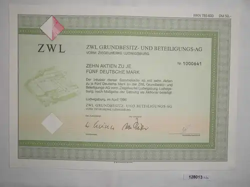 5 Mark Zehn Aktien ZWL Grundbesitz- & Beteiligungs AG Ludwigsburg 1996 (128013)