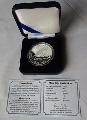 10 Euro Silbermünze Suomi Finnland Elias Lönnrot 2002 PP Zertifikat Etui /130014