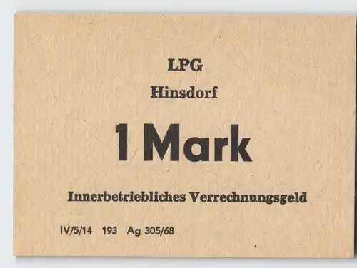 1 Mark Banknote DDR LPG Geld Hinsdorf 1968 (19563)