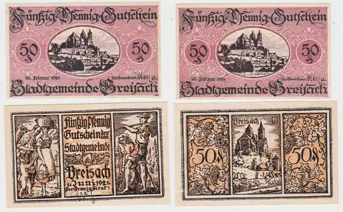 2x 50 Pfennig Banknoten Notgeld Stadtgemeinde Breisach 1921 (140028)