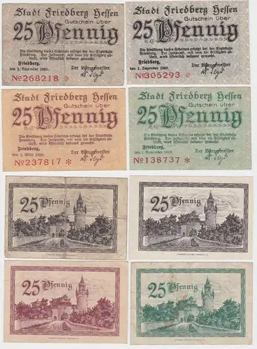 4 x 25 Pfennig Banknoten Notgeld Stadt Friedberg 1919/1920 (140042)