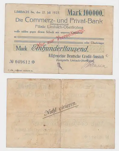 100000 Mark Banknote Commerz- & Privat Bank Limbach 27.7.1923 (130114)