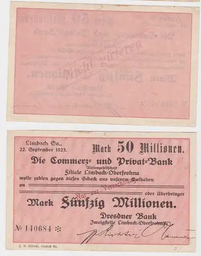 50 Millionen Mark Banknote Commerz & Privatbank Limbach 22.9.1923 (130595)